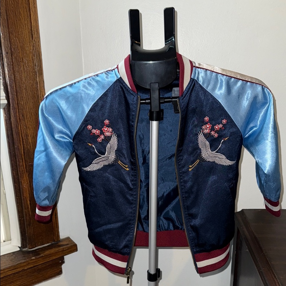 Children's Embroidered Crane Navy and Light Blue Jacket